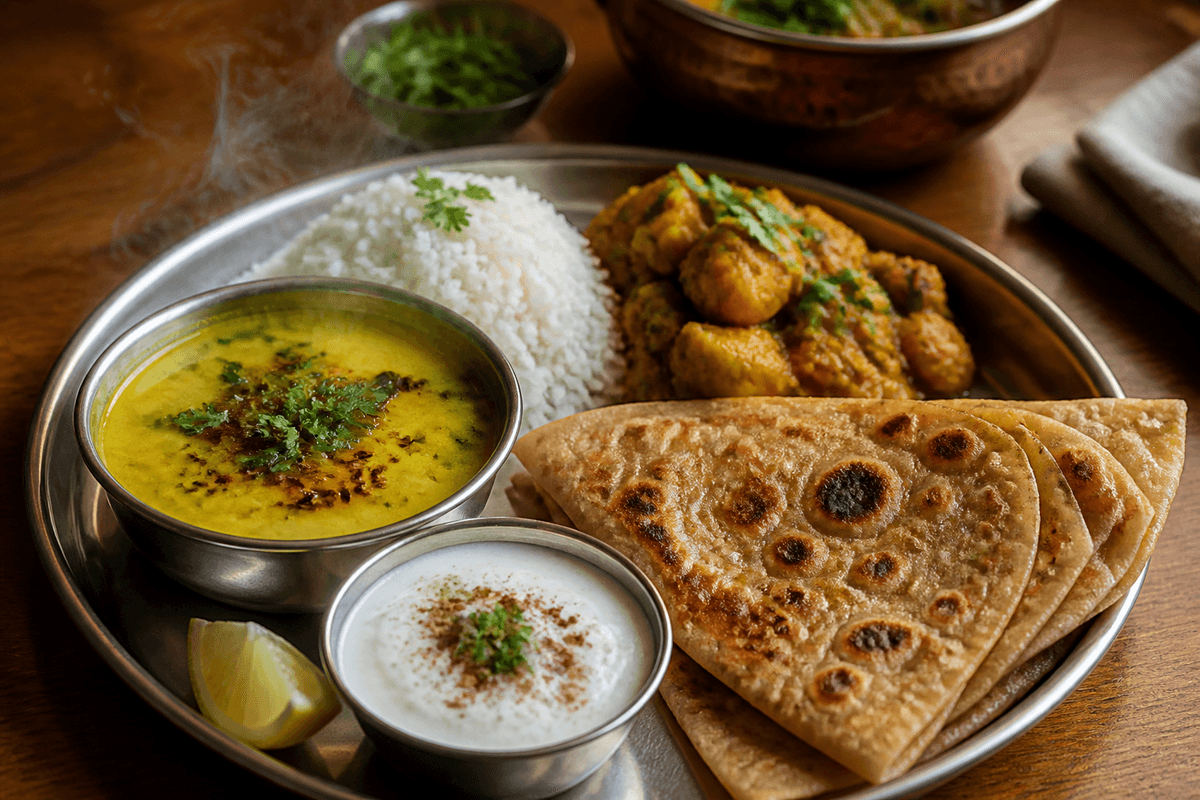 A homemade Indian meal with dal, curry, rice and roti