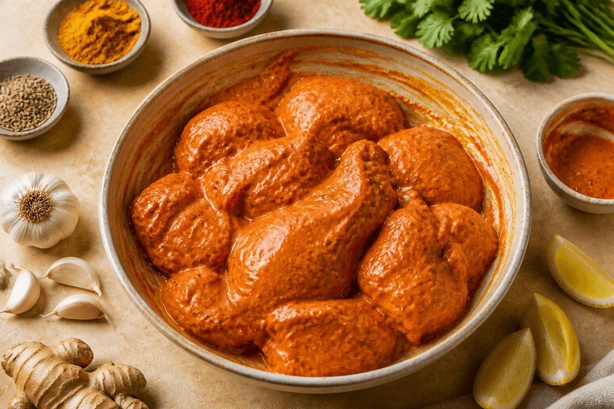 Chicken pieces coated in marinade, ready to cook